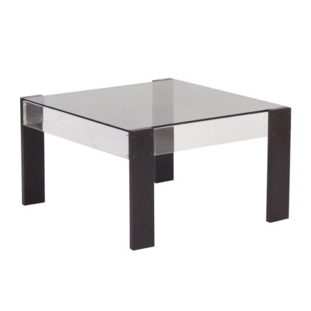 Small Square Vintage Coffee table made of Black Ashwood, Perspex and Glass, 1970s