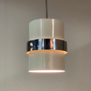 White Cylinder Pendant with Decorative Polished Band by Philips, 1970s