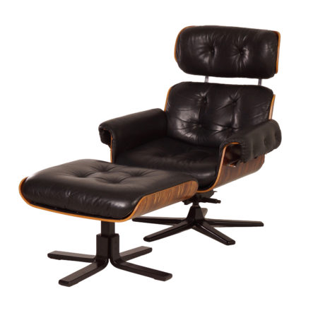 Black Leather Swivel Chair with Footstool by Martin Stoll for Giroflex, 1970s