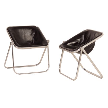 Pair of Plona Chairs in Black Leather by Giancarlo Piretti for Castelli, 1960s