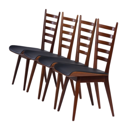 Teak Dining Chairs with New Black Leather, 1960s - Set of 4