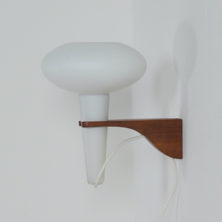 Wall Lamp Mushroom in Teak and White Glass by Artimeta, 1960s