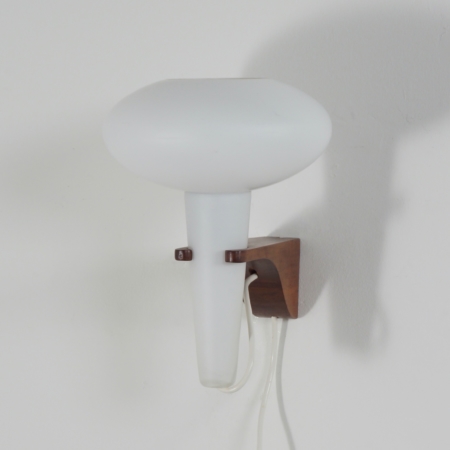 Wall Lamp Mushroom in Teak and White Glass by Artimeta, 1960s