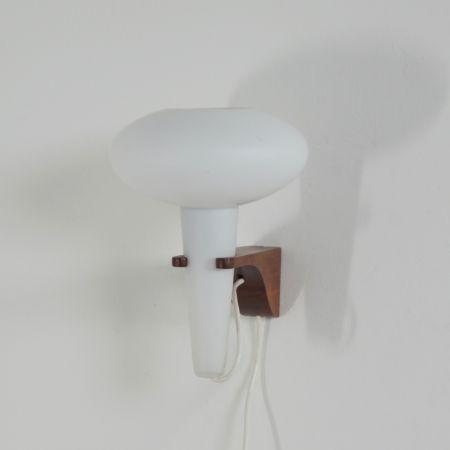 Wall Lamp Mushroom in Teak and White Glass by Artimeta, 1960s