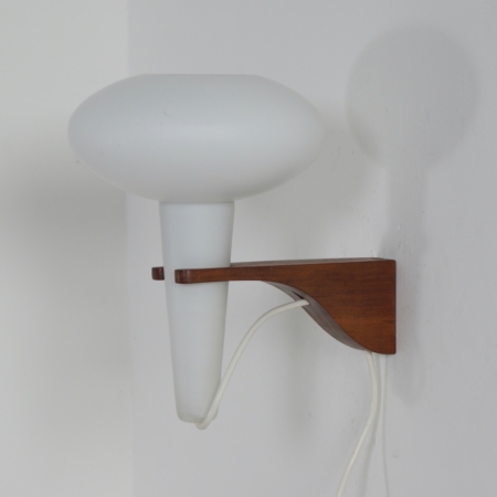 Wall Lamp Mushroom in Teak and White Glass by Artimeta, 1960s