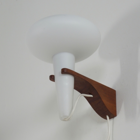 Wall Lamp Mushroom in Teak and White Glass by Artimeta, 1960s