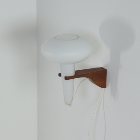 Wall Lamp Mushroom in Teak and White Glass by Artimeta, 1960s