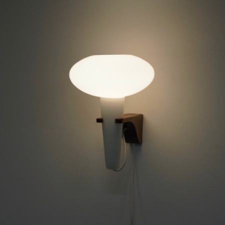 Wall Lamp Mushroom in Teak and White Glass by Artimeta, 1960s