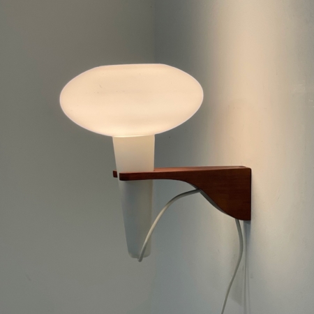 Wall Lamp Mushroom in Teak and White Glass by Artimeta, 1960s