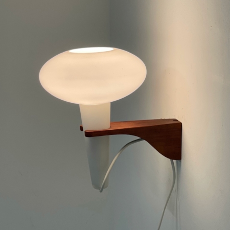 Wall Lamp Mushroom in Teak and White Glass by Artimeta, 1960s