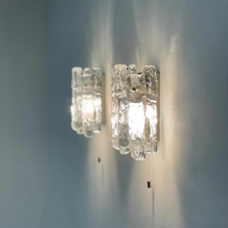 Pair Wall Lamps in Frosted Ice Glass by J. T. Kalmar for Kalmar Franken KG, 1960s