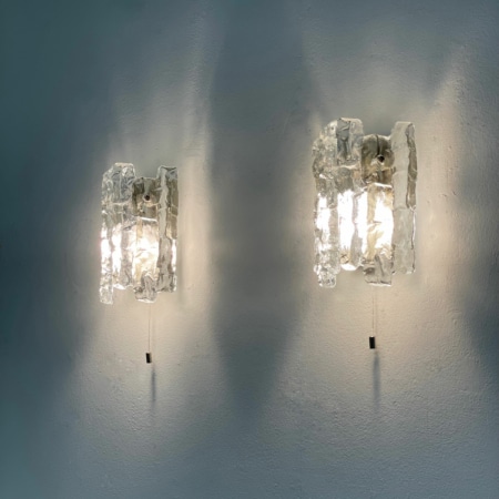 Pair Wall Lamps in Frosted Ice Glass by J. T. Kalmar for Kalmar Franken KG, 1960s