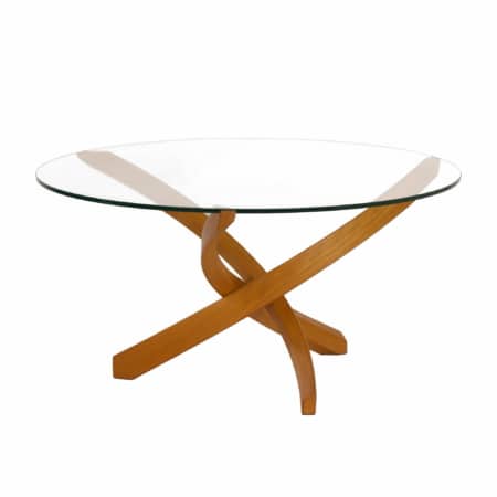 Round Coffee Table with Glass Top and Bended Beech Wooden Frame