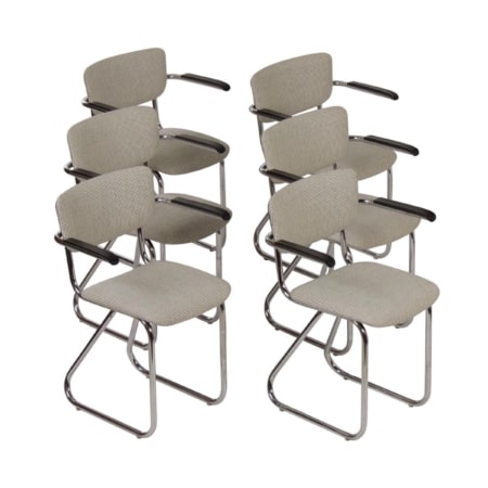 Set of 6 Tubular Chairs with Armrests, 1960s – Reupholstered with De Ploeg fabric