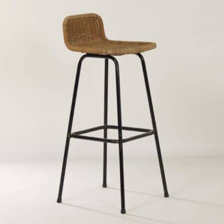 Bar stool with Rattan Seat and Black Frame by Rohé Noordwolde, 1970s