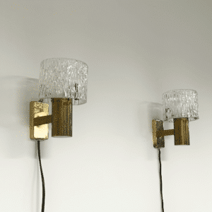 Brass Wall Lamp with Relief Crystal Glass Shades by Hags, 1960s | Set of Two