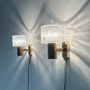 Brass Wall Lamp with Relief Crystal Glass Shades by Hags, 1960s | Set of Two