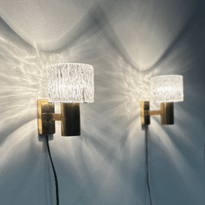 Brass Wall Lamp with Relief Crystal Glass Shades by Hags, 1960s | Set of Two