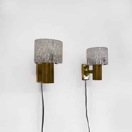 Brass Wall Lamp with Relief Crystal Glass Shades by Hags, 1960s | Set of Two