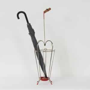 Vintage Umbrella Stand of Curved Metal, Red Details and a Bamboo Handle, 1950s