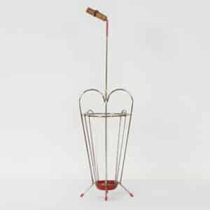 Vintage Umbrella Stand of Curved Metal, Red Details and a Bamboo Handle, 1950s