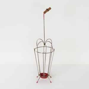 Vintage Umbrella Stand of Curved Metal, Red Details and a Bamboo Handle, 1950s