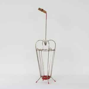 Vintage Umbrella Stand of Curved Metal, Red Details and a Bamboo Handle, 1950s