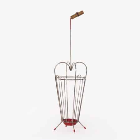 Vintage Umbrella Stand of Curved Metal, Red Details and a Bamboo Handle, 1950s
