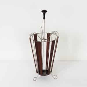 Vintage Teak and Curved Metal Umbrella Stand, 1950s