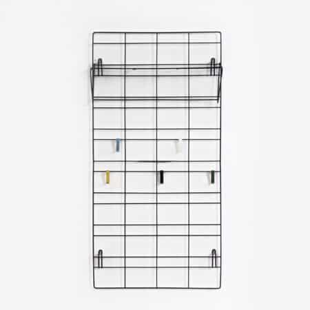 Vintage Wall Coat Rack in Black Metal with Coloured Hooks and a Hat Rack, 1950s