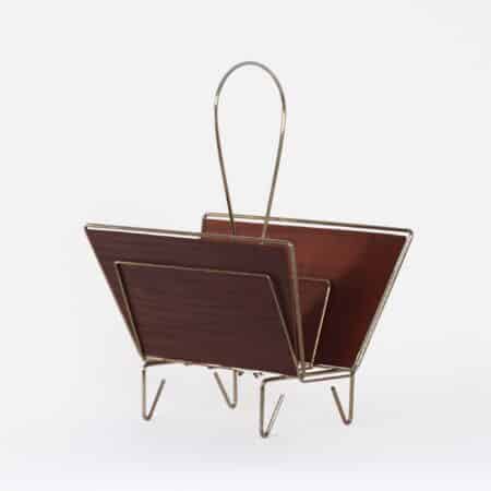 Mid-Century Magazine Holder in Brass and Teak - 1950s Design