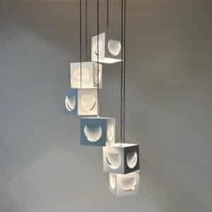 Scandinavian Pendant Lamp by Shogo Suzuki for Orno Stockmann (1960s) &#8211; 6 Minimalist Cube Lamps with Geometric Play of Light