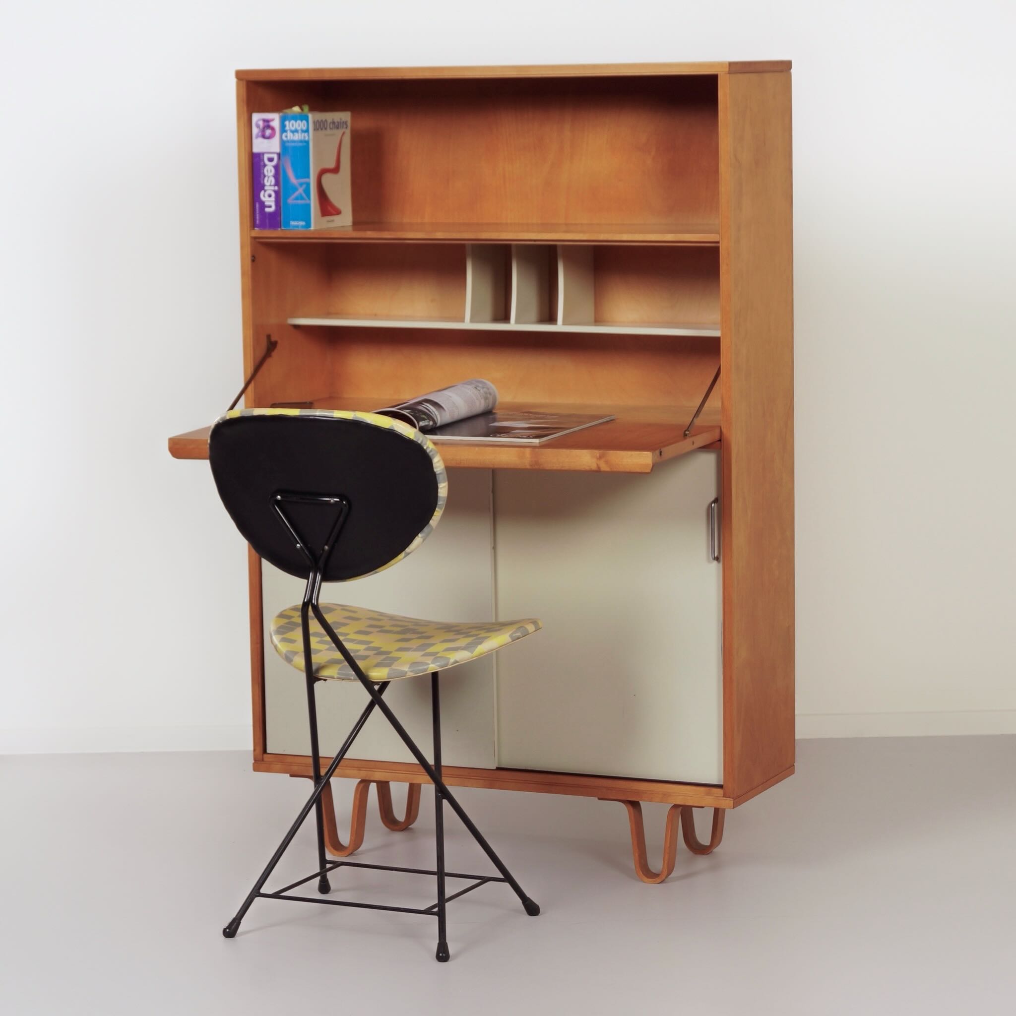 Bookcase BB 54 with Secretaire by Cees Braakman for Pastoe, 1957 – U-shaped Legs and Birch Veneer, Rare Early Edition