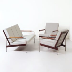 Vintage Sofa set by Furniture Industry Gelderland, 1960s &#8211; Teak wood, New Light Grey Kvadrat Fabric