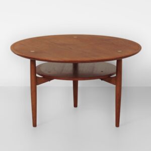 Round Danish coffee table, 1960s, teak with brass inlay and lower shelf