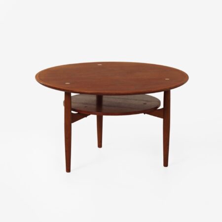 Round Danish coffee table, 1960s, teak with brass inlay and lower shelf