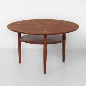 Round Danish coffee table, 1960s, teak with brass inlay and lower shelf
