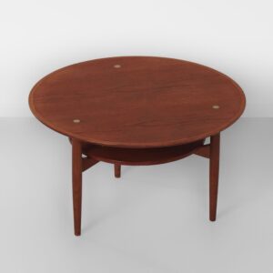 Round Danish coffee table, 1960s, teak with brass inlay and lower shelf