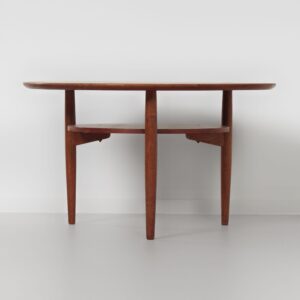 Round Danish coffee table, 1960s, teak with brass inlay and lower shelf
