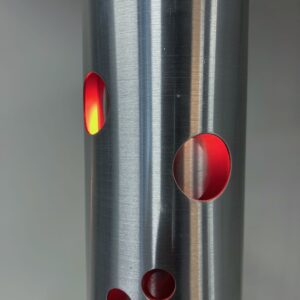 Cylinder pendant lamp by Doria Leuchten, Germany, 1970s, aluminium with red perforations