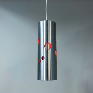 Cylinder pendant lamp by Doria Leuchten, Germany, 1970s, aluminium with red perforations