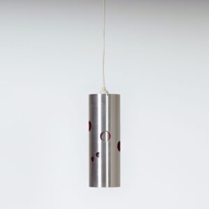 Cylinder pendant lamp by Doria Leuchten, Germany, 1970s, aluminium with red perforations