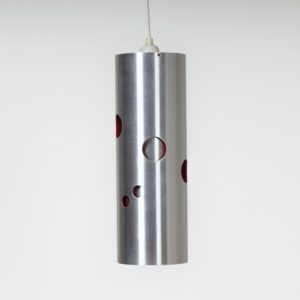 Cylinder pendant lamp by Doria Leuchten, Germany, 1970s, aluminium with red perforations