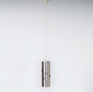 Cylinder pendant lamp by Doria Leuchten, Germany, 1970s, aluminium with red perforations
