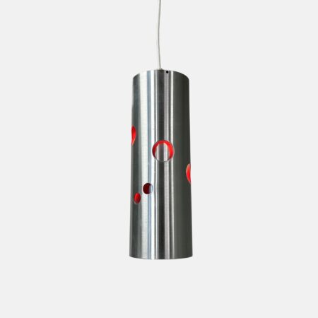Cylinder pendant lamp by Doria Leuchten, Germany, 1970s, aluminium with red perforations