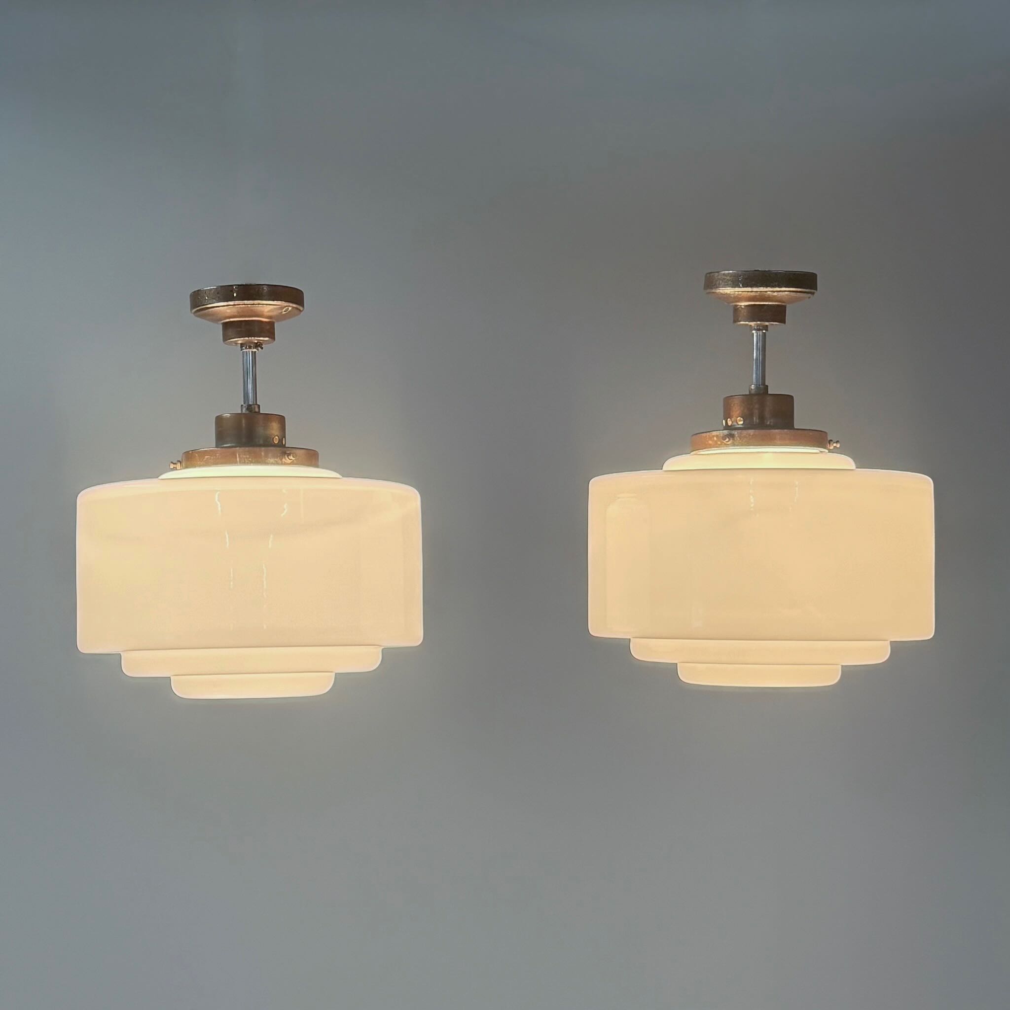 Art Deco pendant lights from the 1930s in white opal glass – pair of two