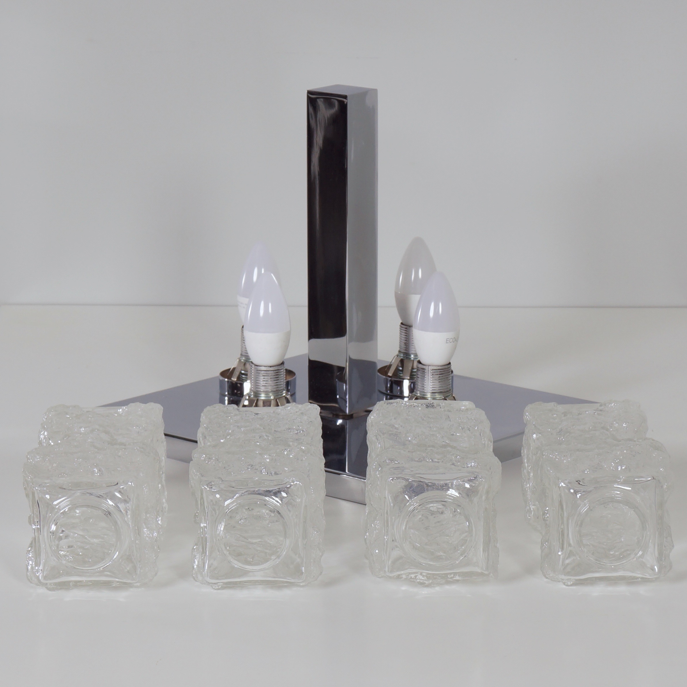 Brutalist ceiling lamp in chrome and pressed glass by Hillebrand Leuchten from the 70s