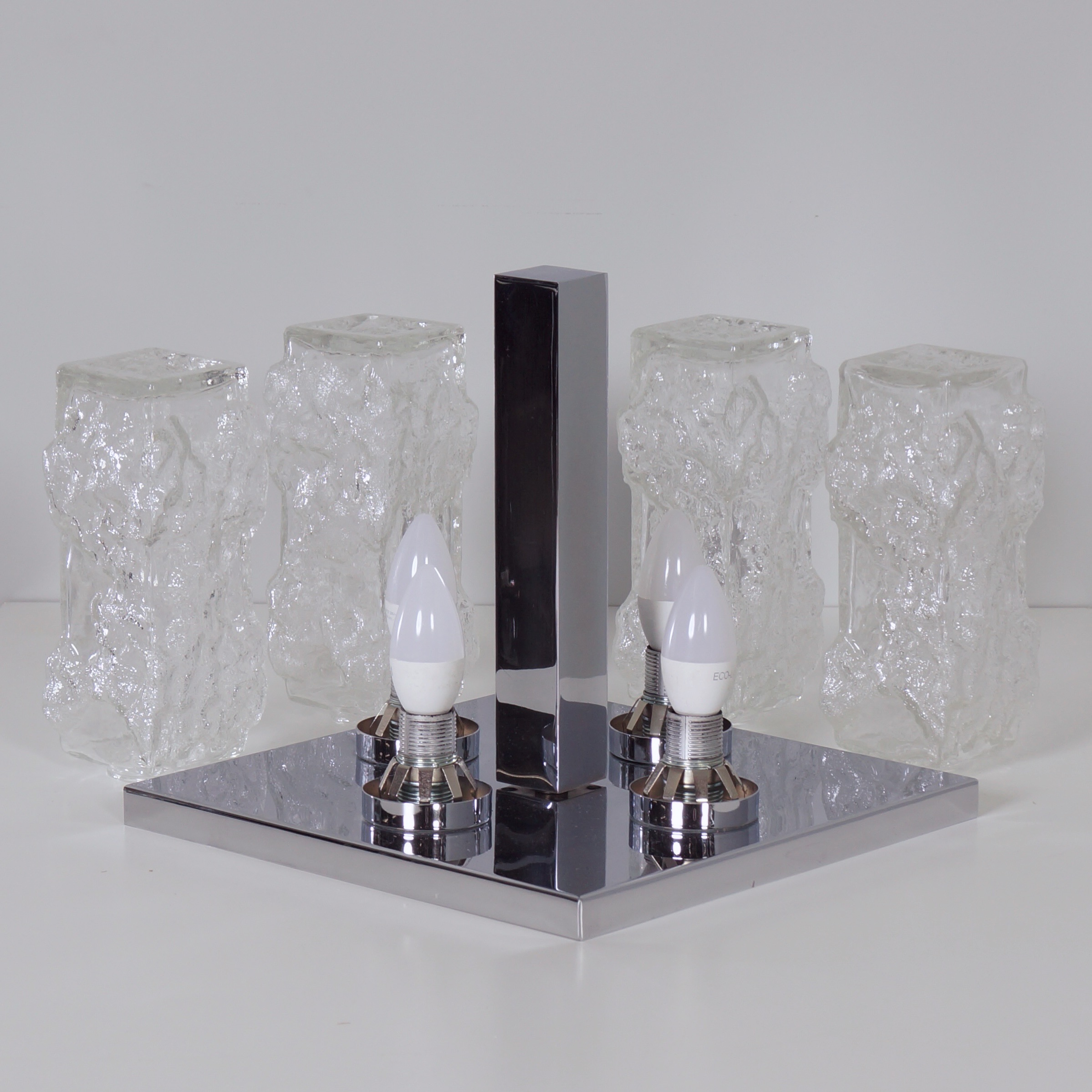 Brutalist ceiling lamp in chrome and pressed glass by Hillebrand Leuchten from the 70s