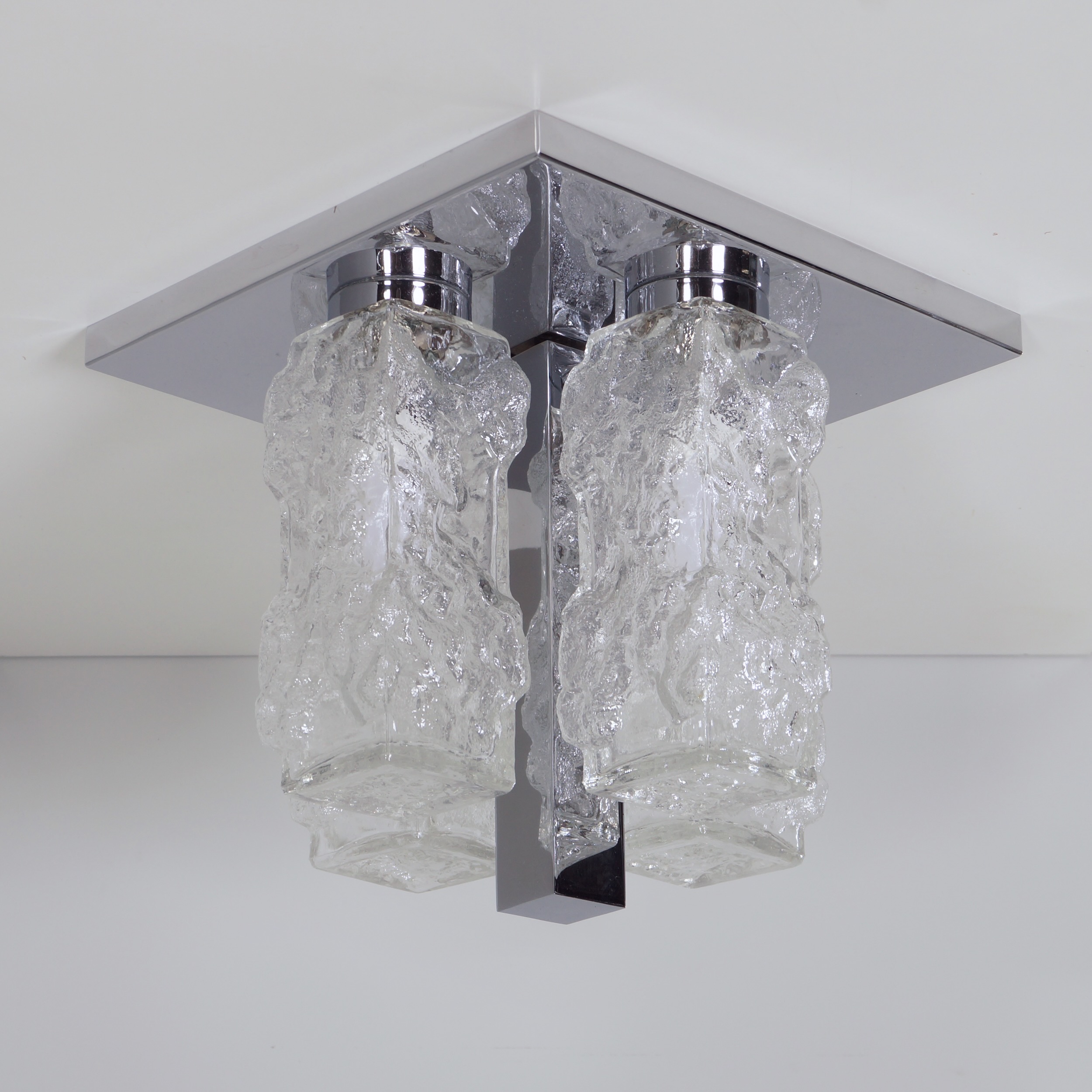 Brutalist ceiling lamp in chrome and pressed glass by Hillebrand Leuchten from the 70s
