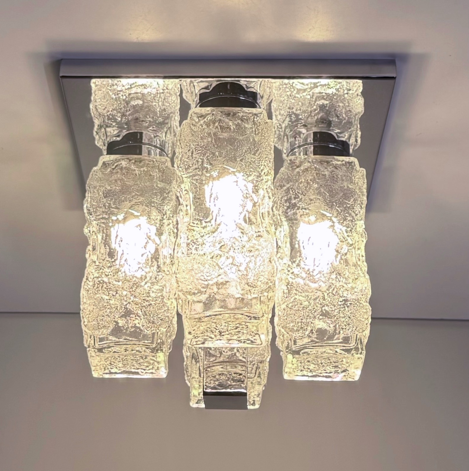 Brutalist ceiling lamp in chrome and pressed glass by Hillebrand Leuchten from the 70s